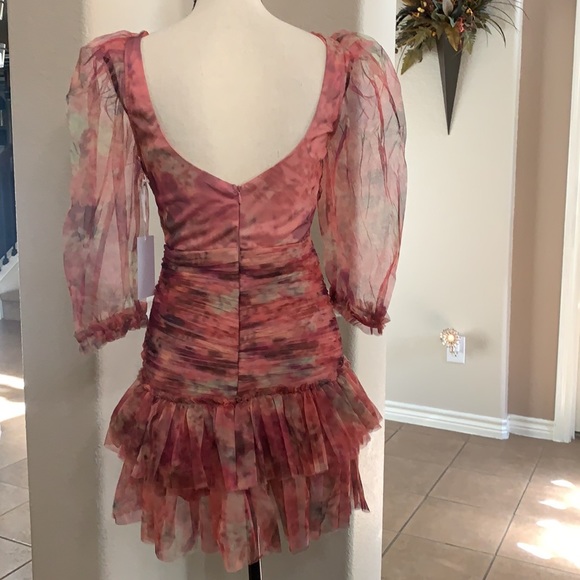 Multicolored pink floral graphic runched tulle bodycon mini dress - Picture 11 of 17